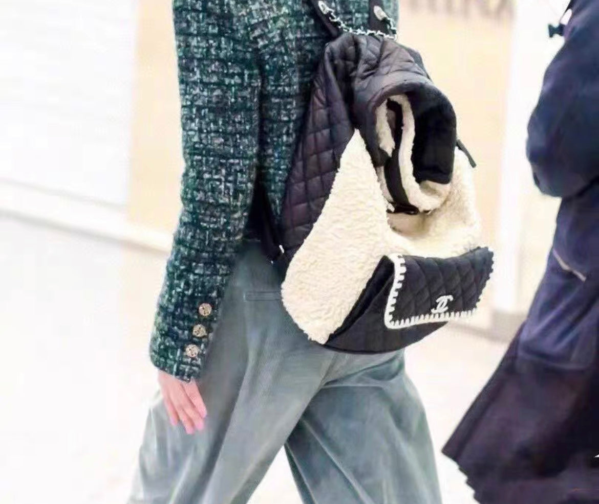 Chanel Coco Neige Front Pocket Backpack Shearling With Quilted Nylon