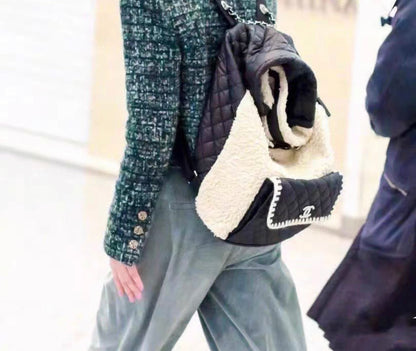 Chanel Coco Neige Front Pocket Backpack Shearling With Quilted Nylon