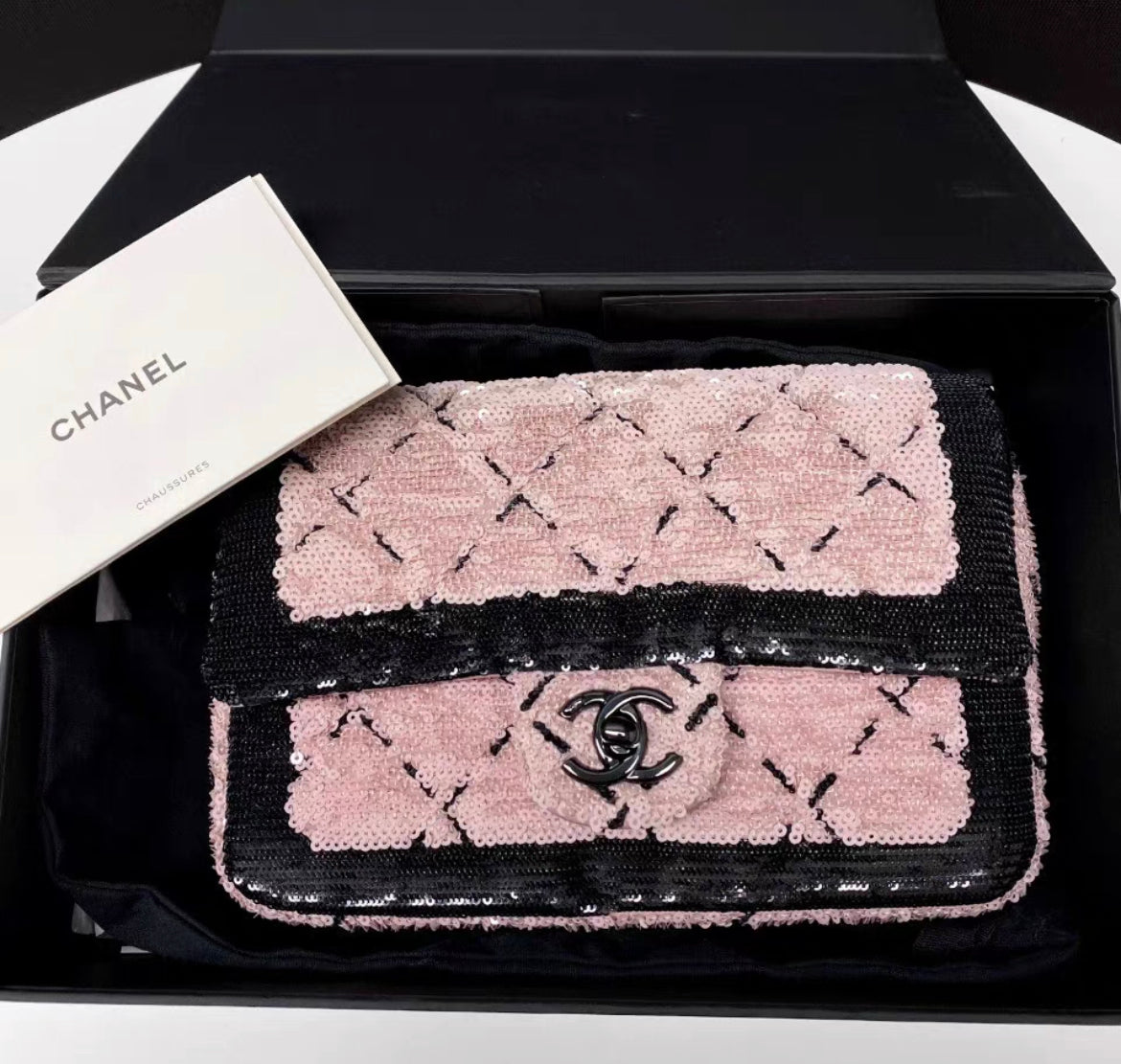Chanel 24P Small Flap Bag Sequins Black Metal Pink Black
