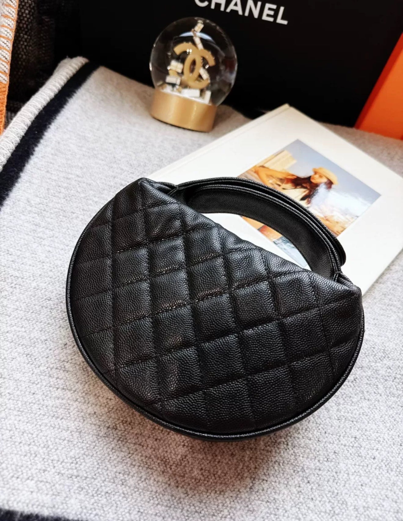 Chanel 24S Black Gold Lychee Leather Bow Chain Hula Hoop Bag