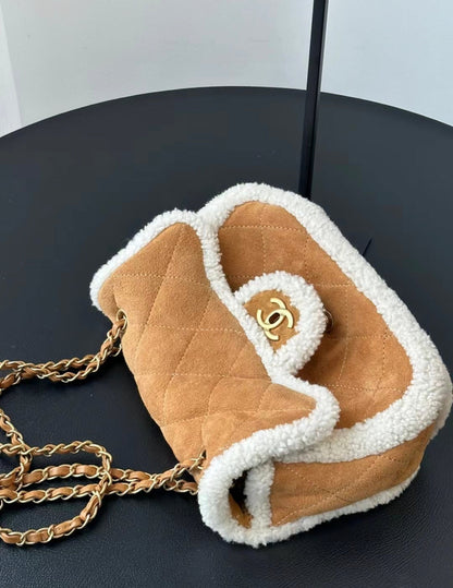 Chanel 18 Coco Neige Flap Bag Quilted Suede With Shearling Medium