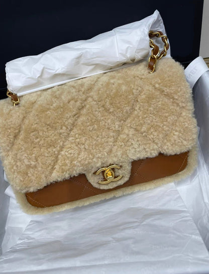 Chanel 24 Flap Bag Shearling Lambskin Gold-Tone Metal Beige Brown