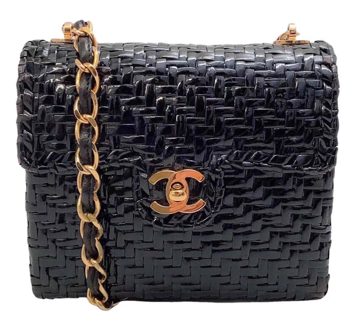 Chanel Flap 90S Mini Wicker Straw Classic Black Rattan Cross Body Bag
