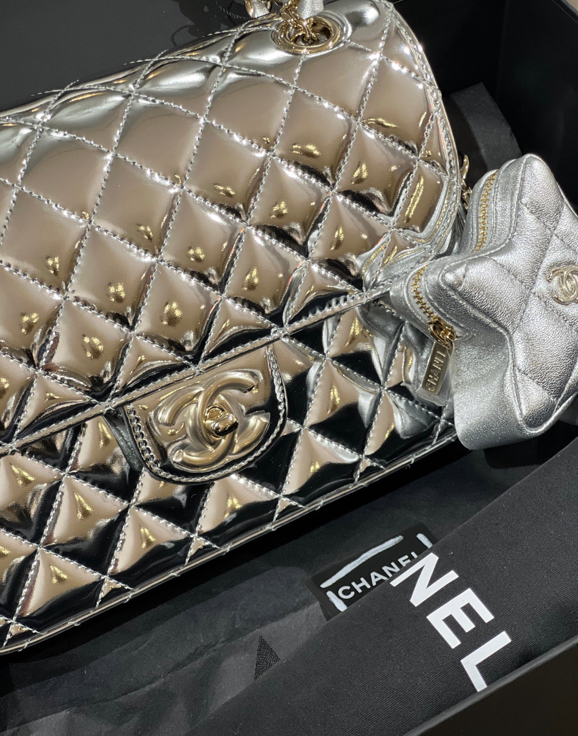 Chanel 24C Rectangle Flap Silver Mirror Patent Leather With Star Coin Purse And Gold Hardware New In Box