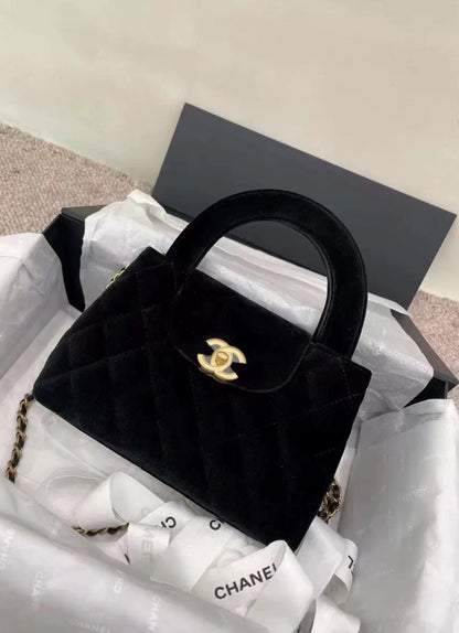 Chanel Kelly Black Velvet Brushed Gold Hardware Large Size