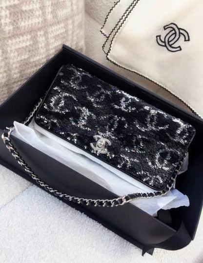 Chanel 23B Black Sequin Double Cc Flap Bag