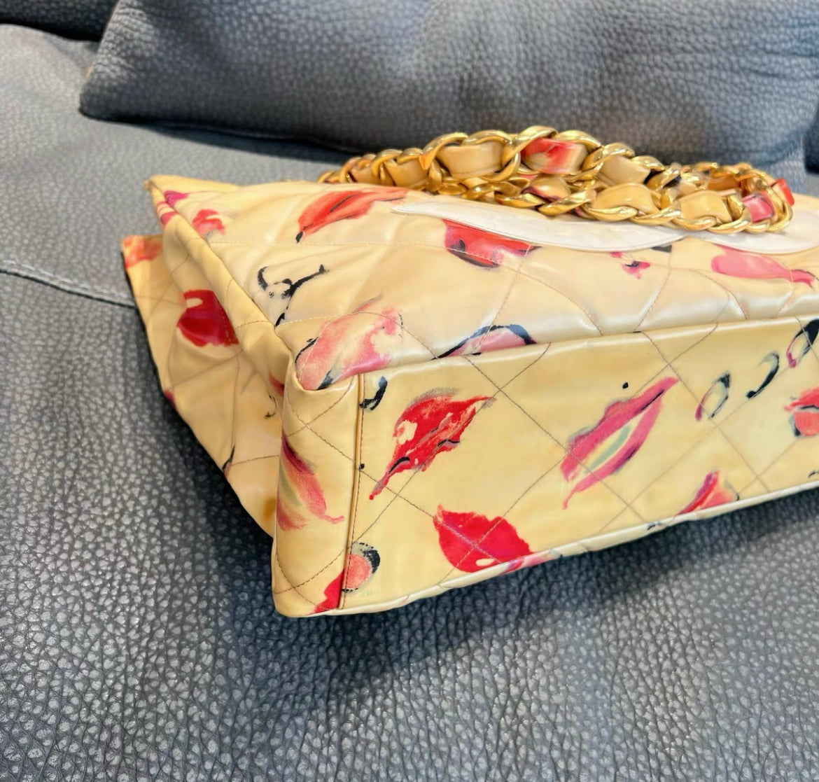 Chanel Coated Canvas Quilted Lips And Kisses Graffiti Xl Tote Beige