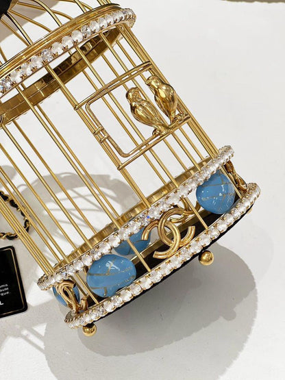 Chanel 20A Metal Crystal Enamel Cc Love Bird Cage Minaudiere Clutch Black Gold Multicolor