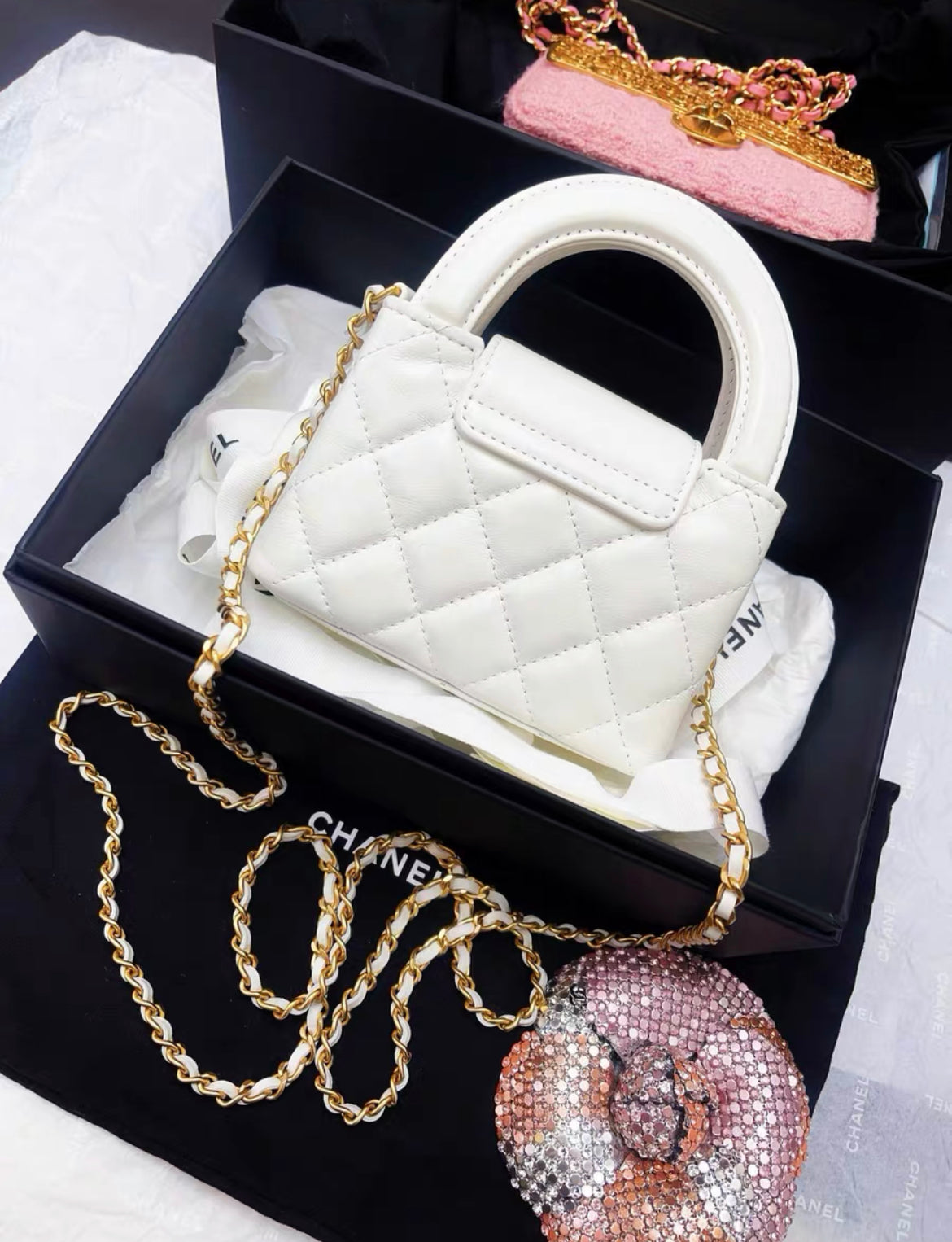 Chanel 24P Mini Nano Kelly White Quilted Calfskin Brushed Gold Hardware