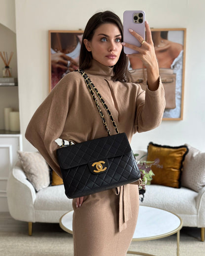 Chanel Black Maxi Mademoiselle Single Flap Bag in Lambskin with 24K Gold Hardware