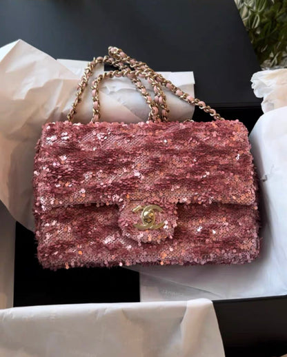 Chanel 23S Small Flap Bag Sequins Pink Gold Tone Metal