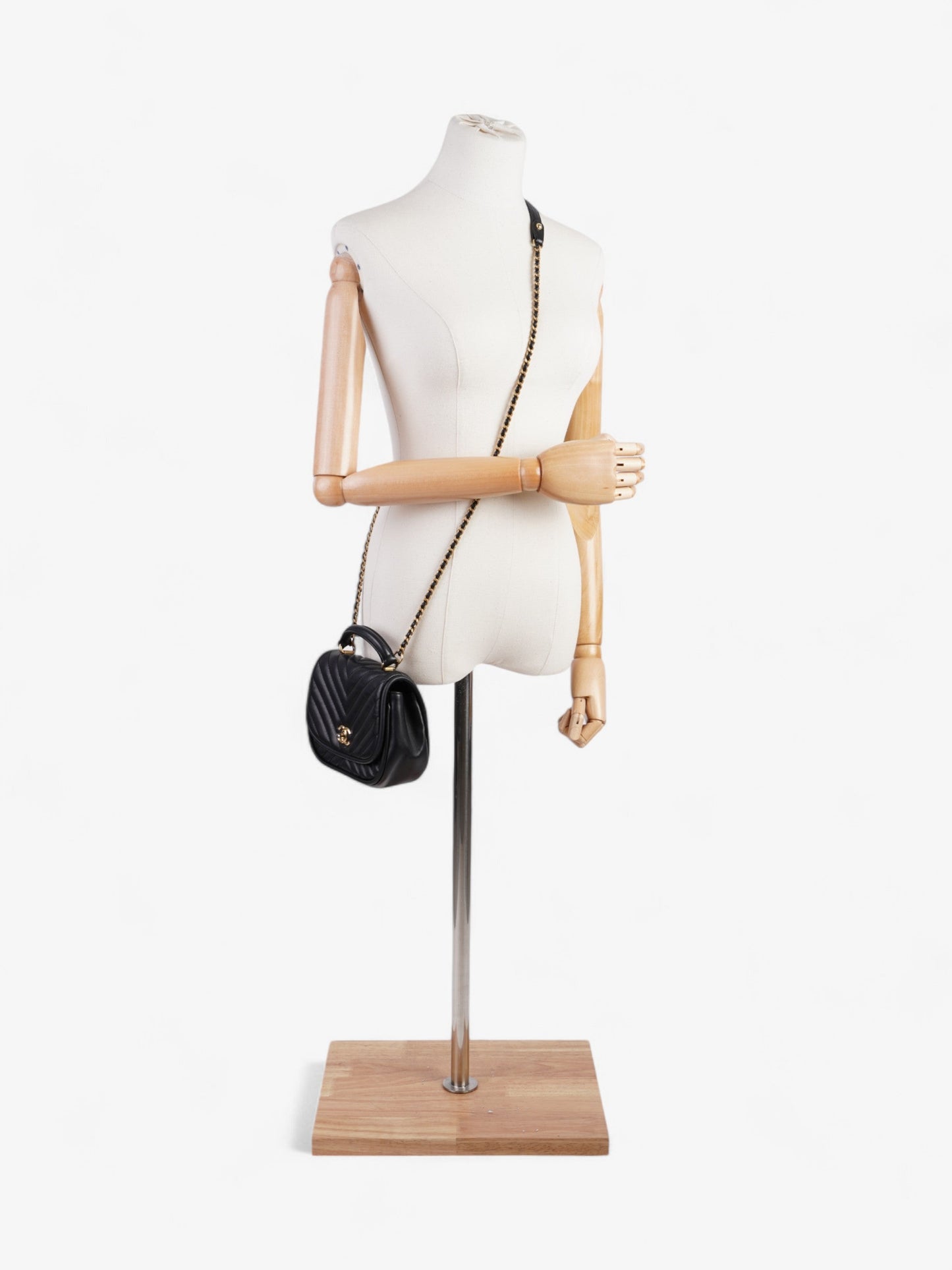 Chanel Reverse Chevron Round Top Handle Black Leather