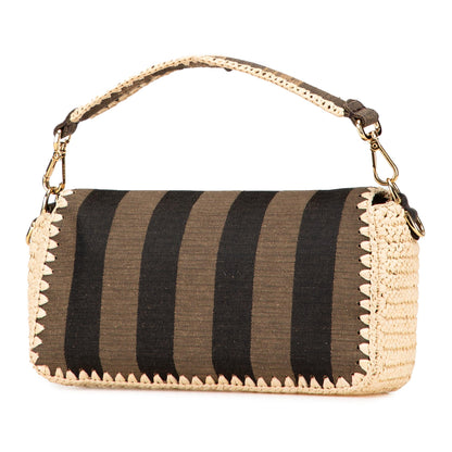 Fendi Pequin Gingham Canvas And Raffia Baguette Satchel