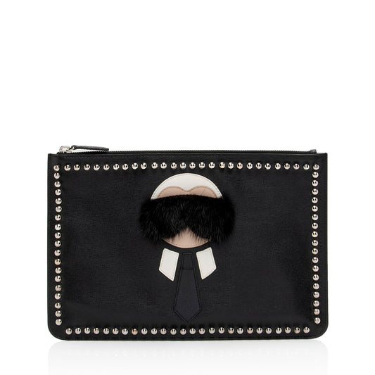 Fendi Studded Leather Mink Karlito Zip Pouch