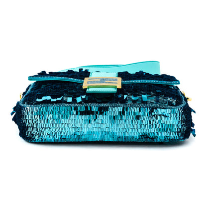Fendi Blue Sequin Paillettes Vitello Grace Re-Edition Baguette