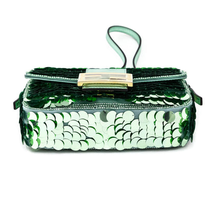 Fendi Light Green Satin Sequin Paillettes Shiny Nappa Mini Baguette 1997