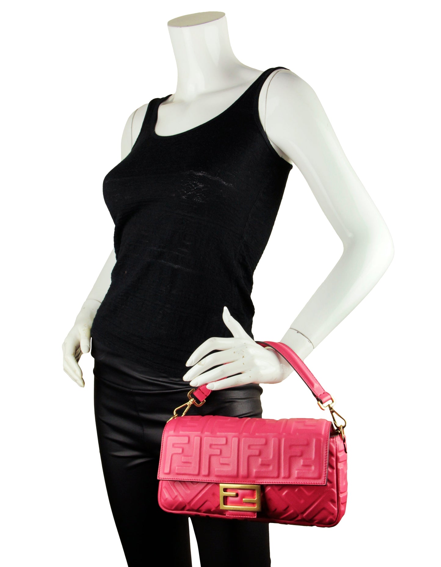 Fendi Pink Nappa Embossed Logo FF 1974 Medium Baguette NM Bag w/ Two Straps