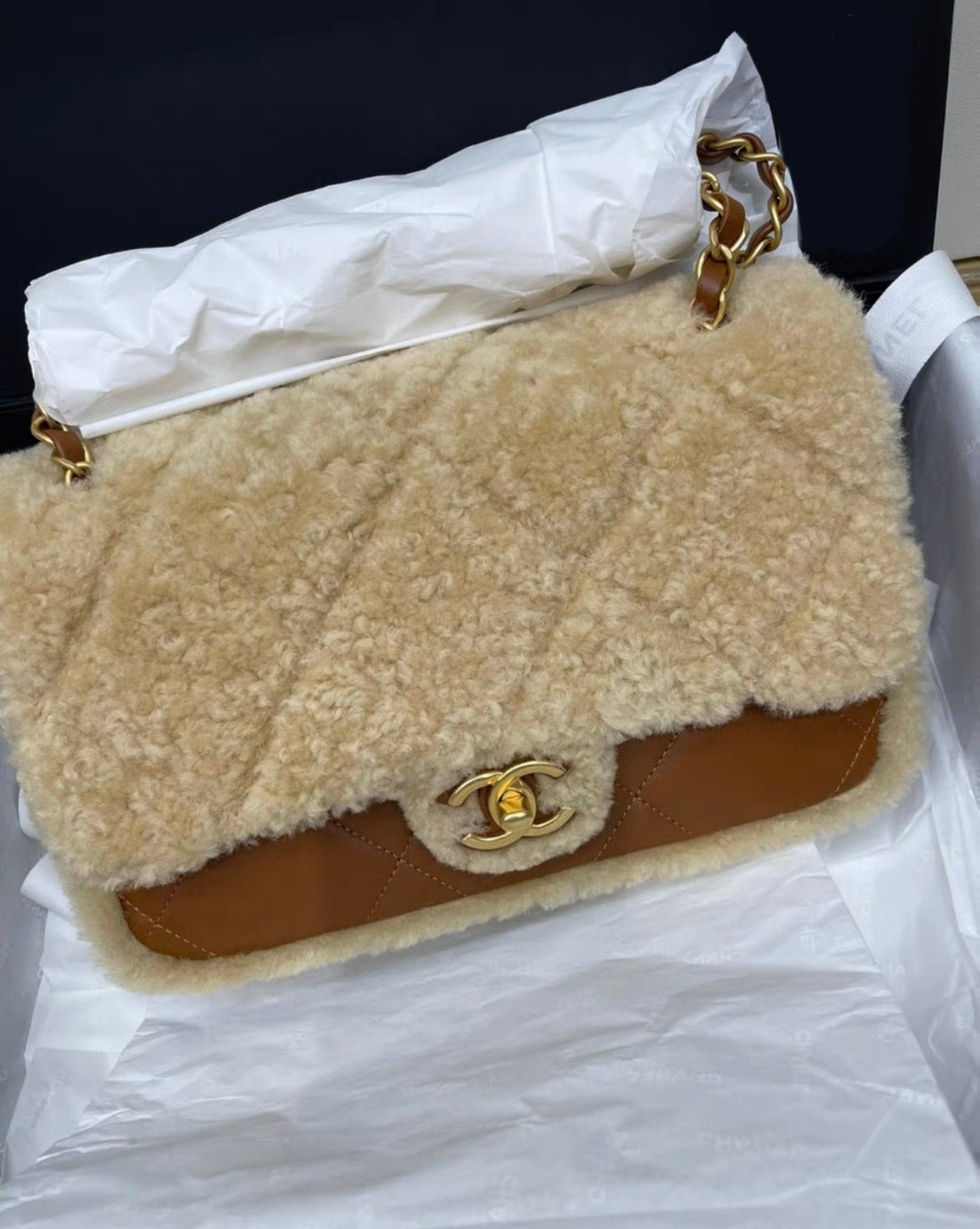 Chanel 24 Flap Bag Shearling Lambskin Gold-Tone Metal