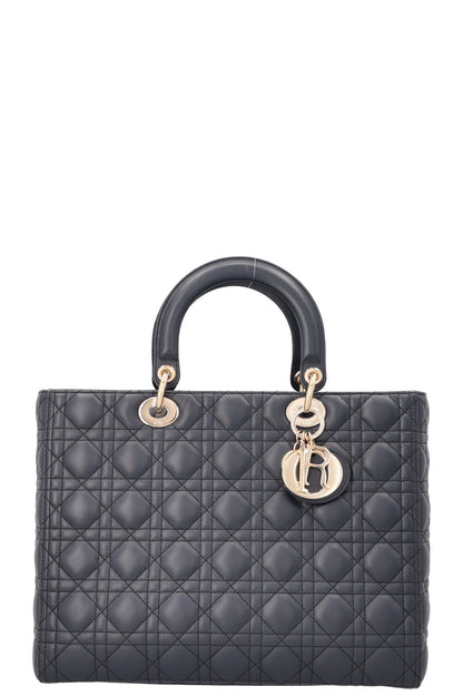 Christian Dior Large Lady Dior Bag Leather Navy