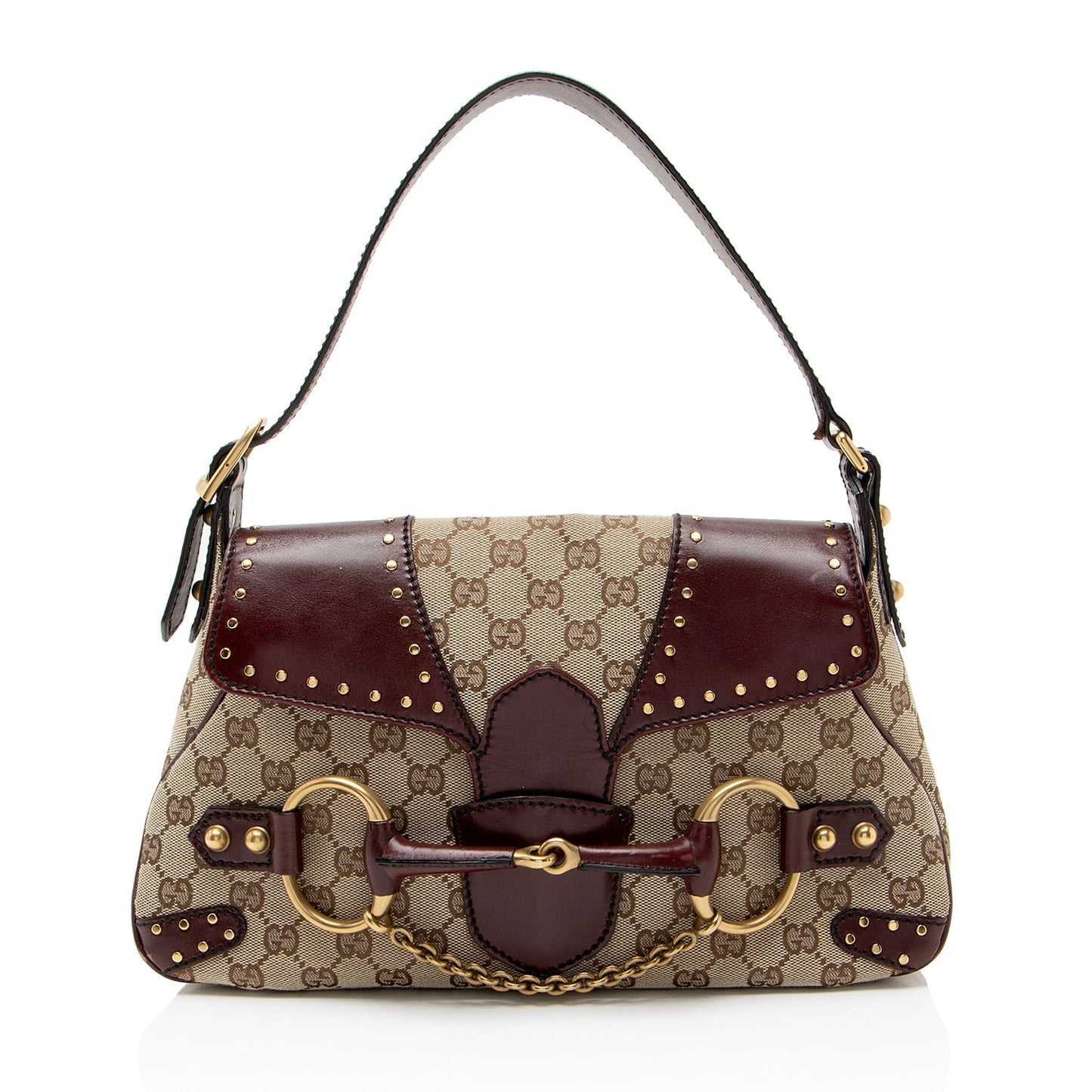 Gucci GG Canvas Leather Studded Horsebit Shoulder Bag