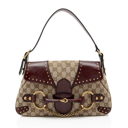 Gucci GG Canvas Leather Studded Horsebit Shoulder Bag