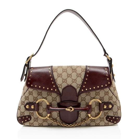 Gucci GG Canvas Leather Studded Horsebit Shoulder Bag