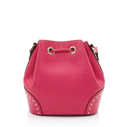 Gucci GG Debossed Diamante Leather Studded Bright Bucket Bag