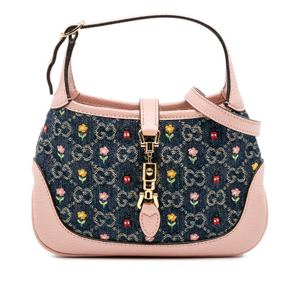 Gucci Limited Edition Mini GG Denim Embroidered Floral Jackie 1961 Crossbody