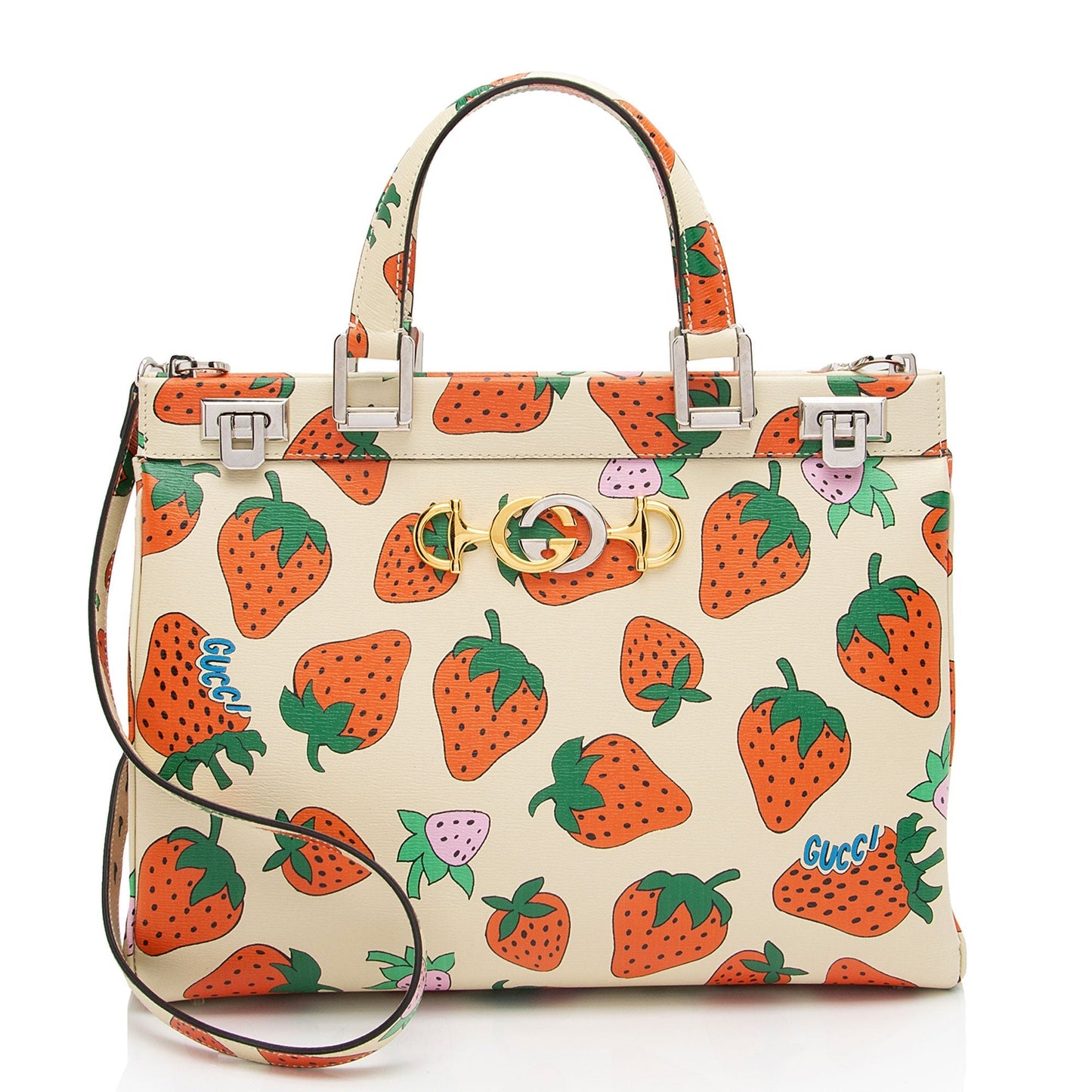 Gucci Printed Leather Strawberry Zumi Medium Tote (SHF-HJJ9pH)