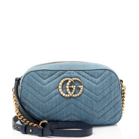 Gucci Matelasse Denim Pearl GG Marmont Small Camera Bag