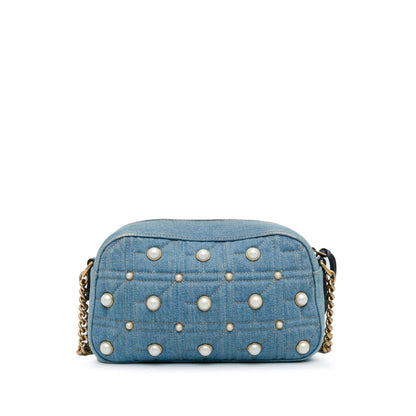 Gucci Small GG Marmont Pearl Studded Denim Crossbody Bag (SHG-phY0r4)
