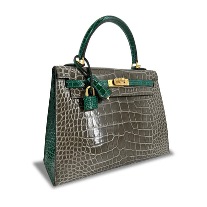 Top Quality Luxury Hermes Kelly Designer Bag Tourterelle Emerald Vert Lisse K25 Ghw