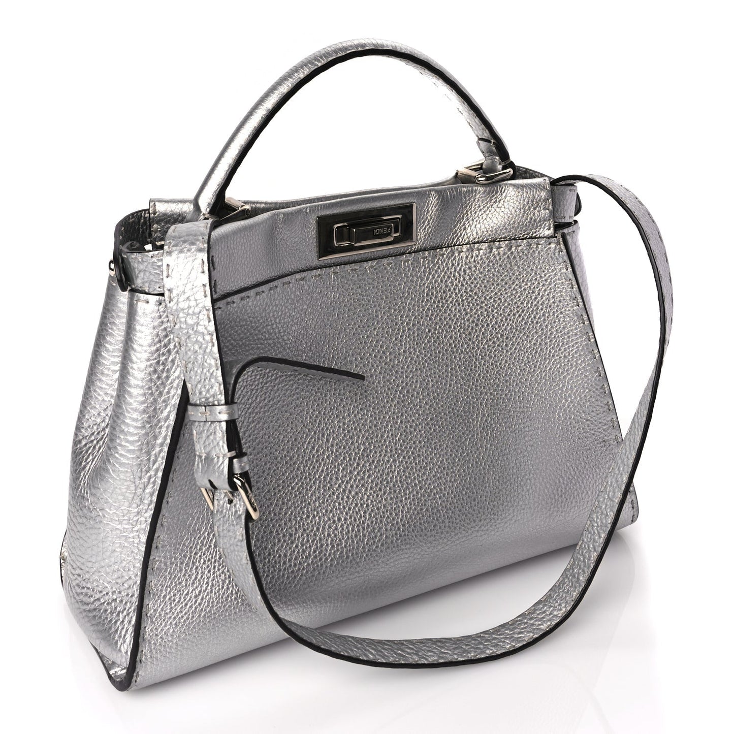 Fendi Cuoio Romano Lux Selleria Medium Peekaboo Iconic Satchel Argento