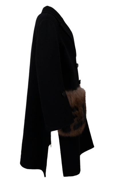 FENDI Zucca Print Pocket Coat Wool Fox Fur Black