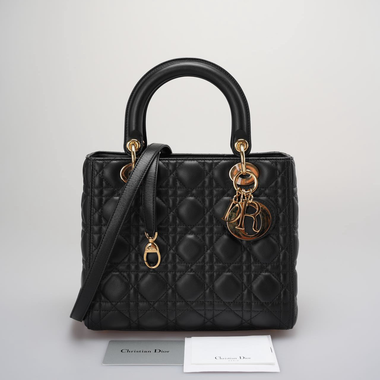 Dior Black Lady Dior Bag In Medium Size Cannage Lambskin Leather With Goid Hardware From 2016