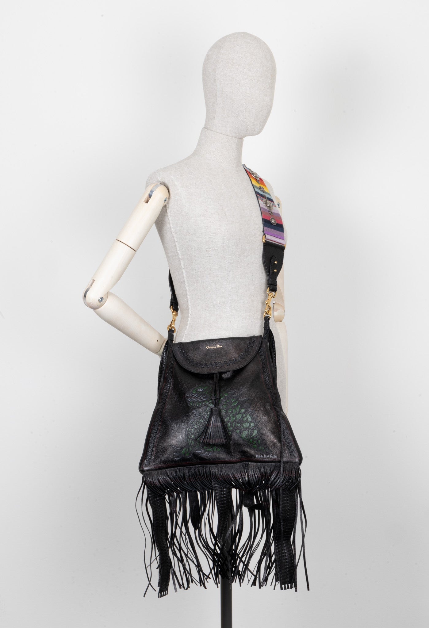 Christian Dior Niki De Saint Phalle Fringed Hobo Bag Leather Black