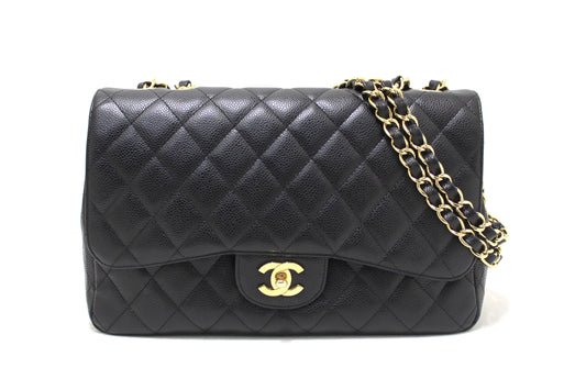 Chanel Black Quilted Caviar Leather Classic Jumbo Single Flap Bag