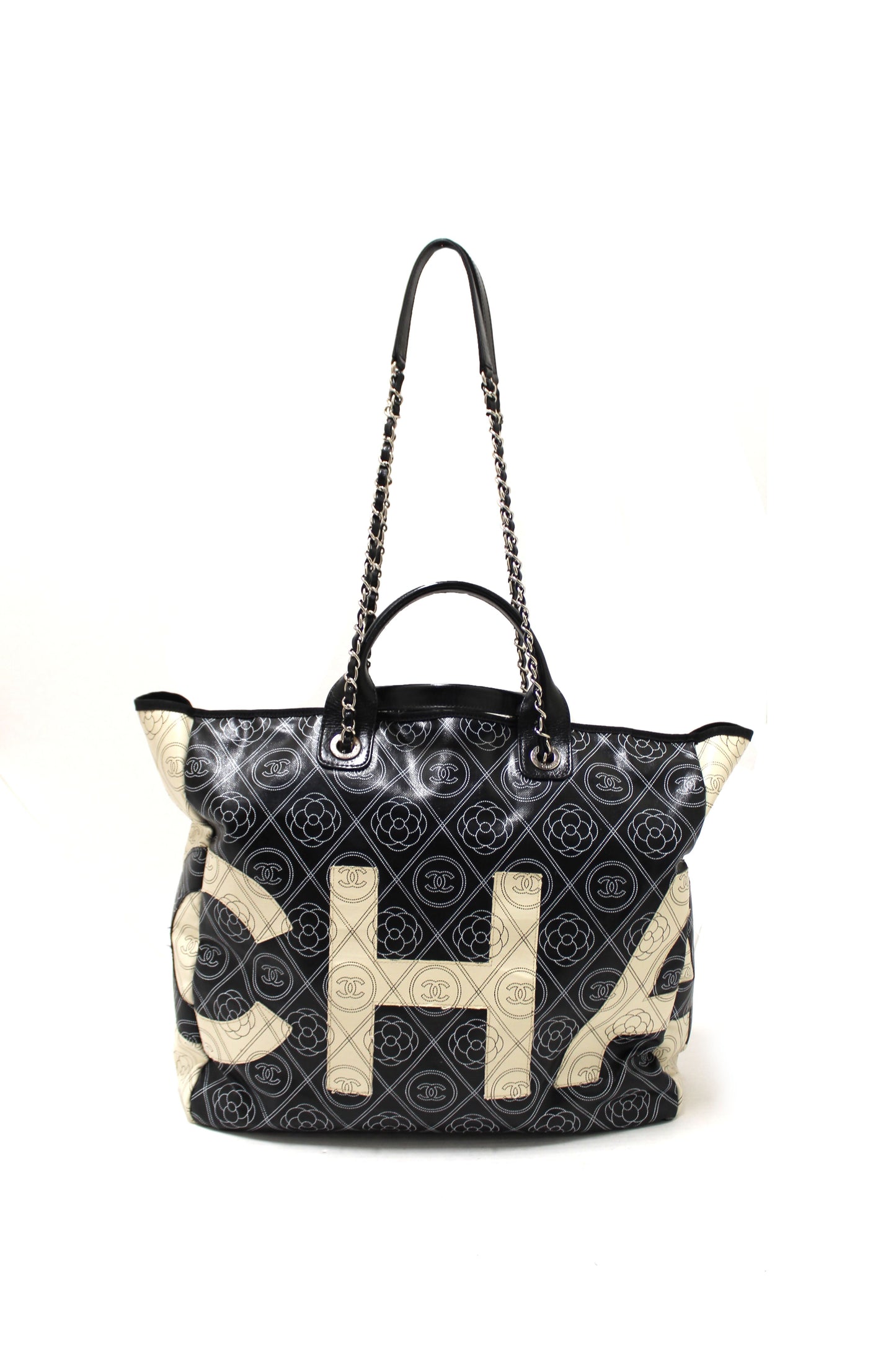 Chanel Black and Beige Coated Canvas Camellia Flower Tote Bag