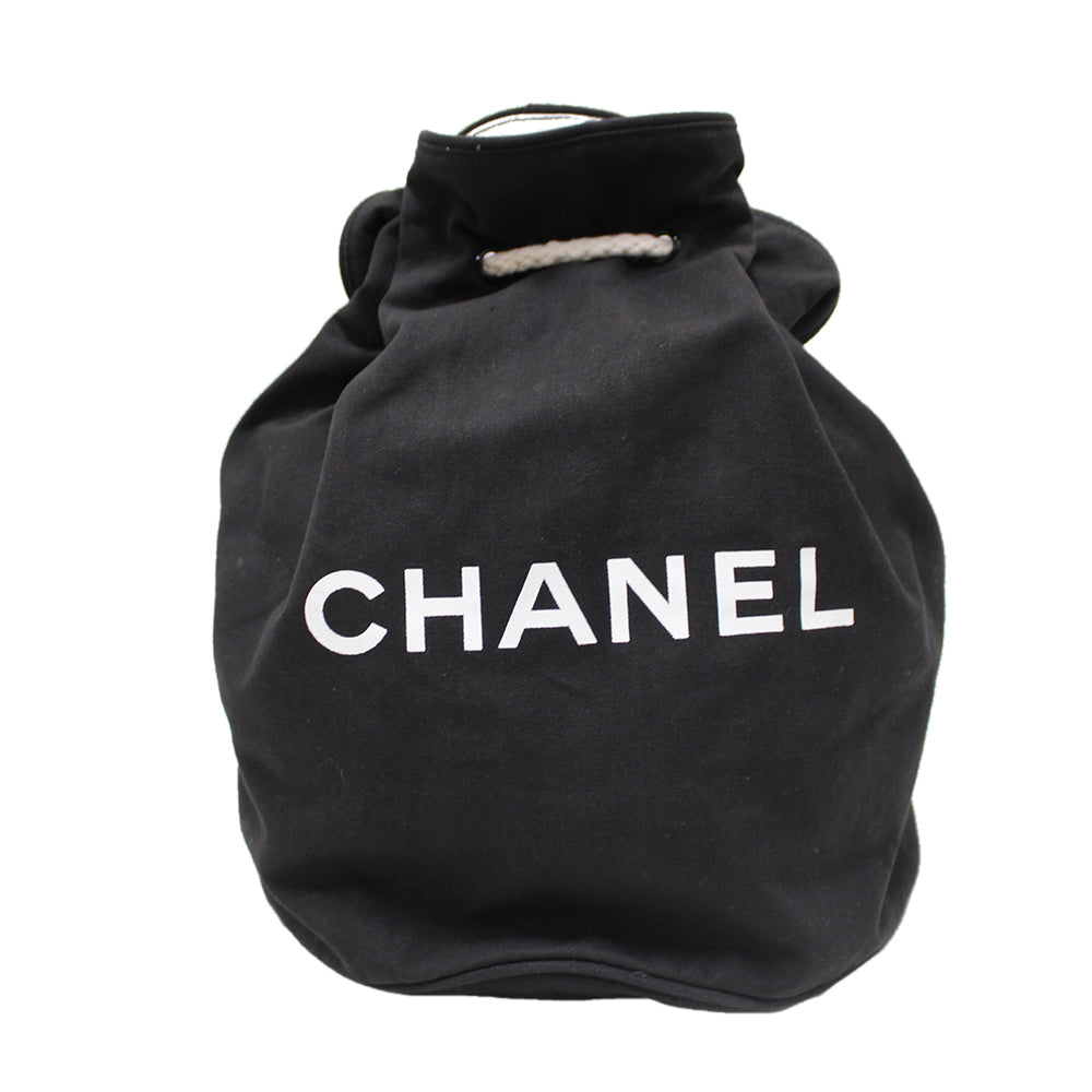 Chanel Black Logo Canvas Big Drawstring Cosmetic Bag