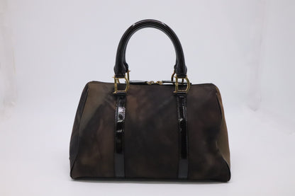 Dior Boston Bag in Brown Nylon and Black Patent Leather
