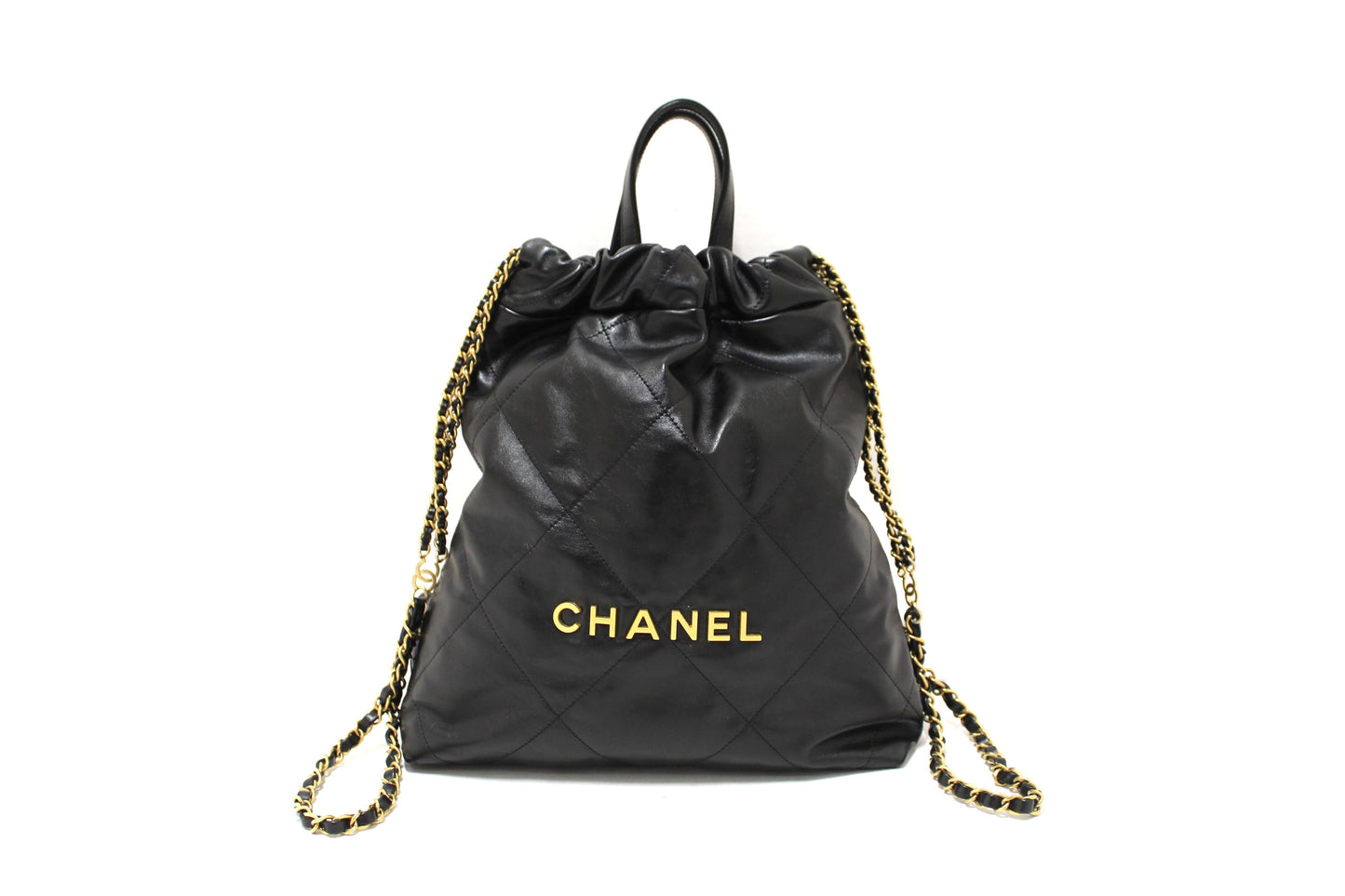 Chanel Black Chanel Calfskin Leather Drawstring Chain Backpack