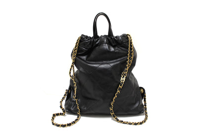 Chanel Black Chanel Calfskin Leather Drawstring Chain Backpack