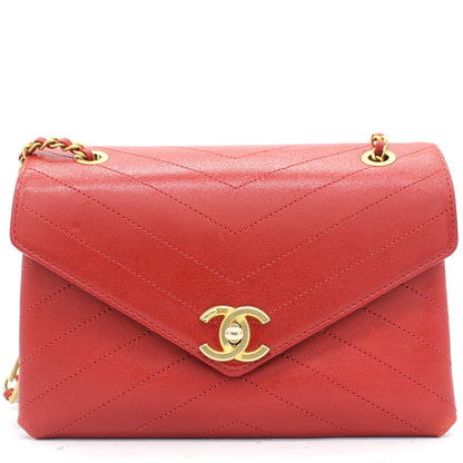 Chanel Calfskin Chevron Stitched Small Coco Flap Bag Red