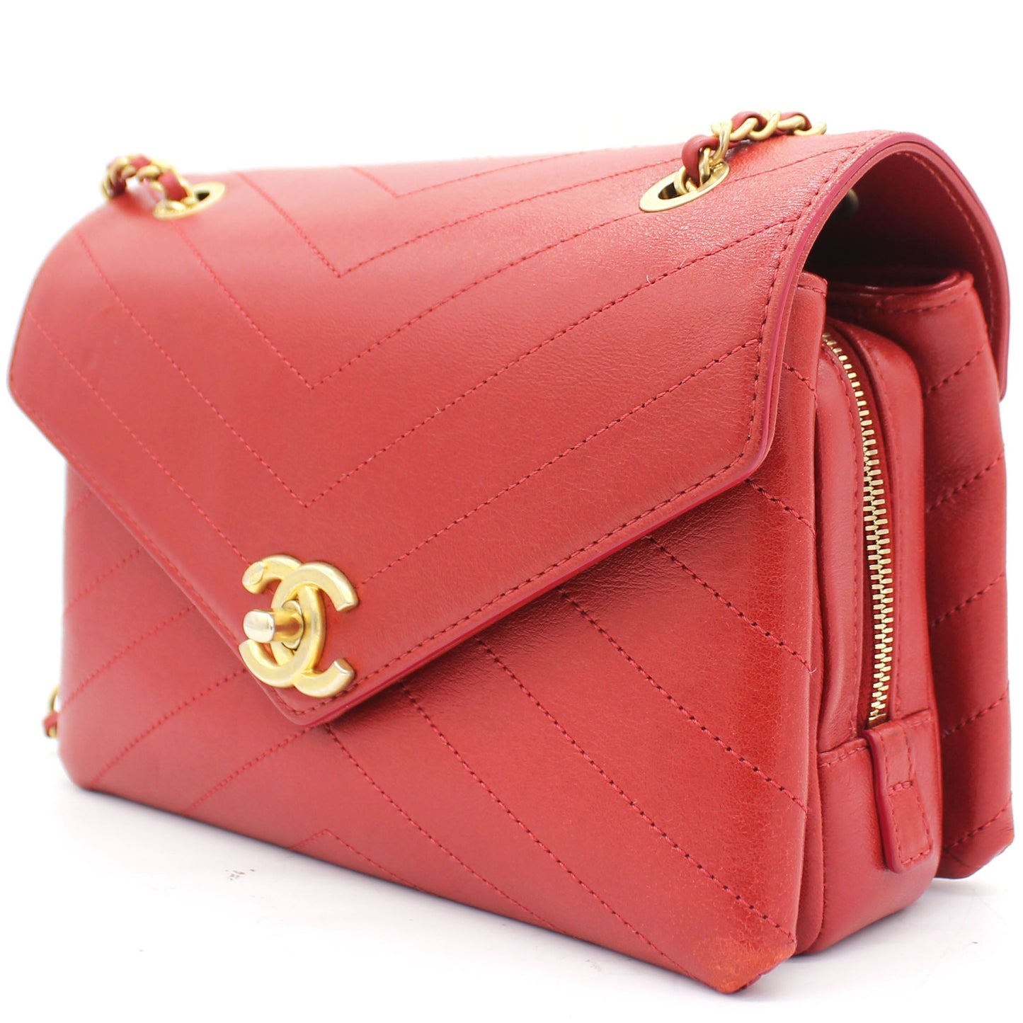 Chanel Calfskin Chevron Stitched Small Coco Flap Bag Red