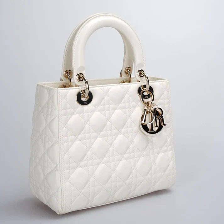 Christian Dior White Medium Lady Dior Bag In Cannage Lambskin Leather With Gold Hardware