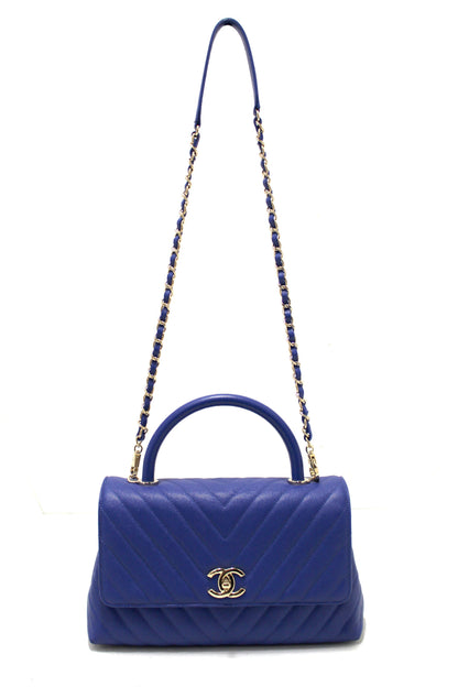 Chanel Blue Chevron Caviar Leather Medium CoCo Handle Flap Bag