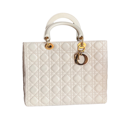 Lady Dior Large Cream White Cannage Lambskin Leather handbag with Gold Hardware and Strap