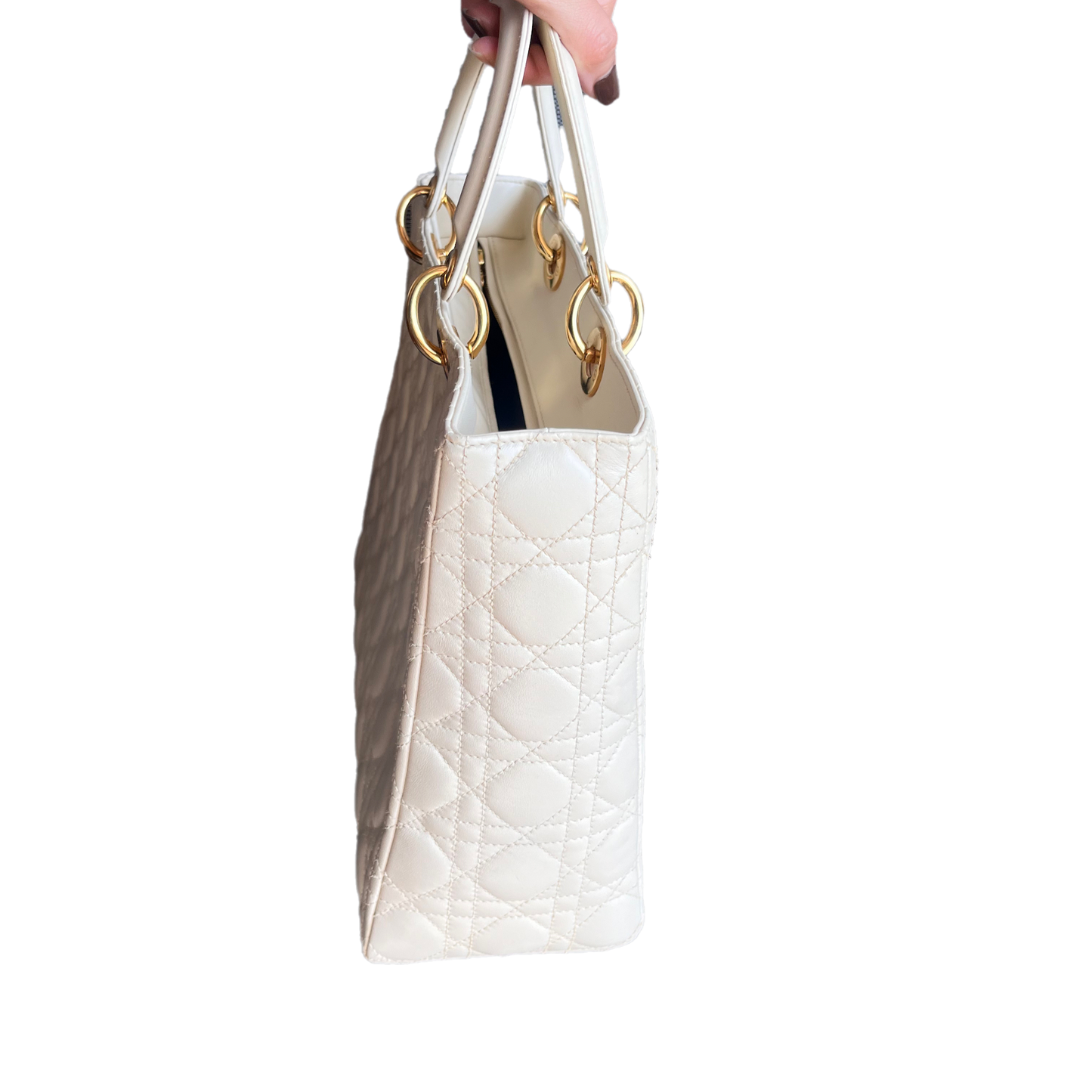 Lady Dior Large Cream White Cannage Lambskin Leather handbag with Gold Hardware and Strap