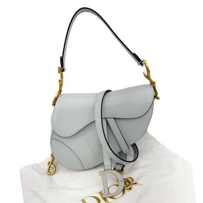 Christian Dior Saddle Leather Satchel Shoulder Bag Light Blue