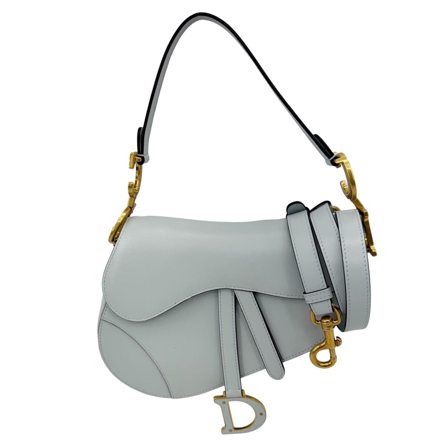 Christian Dior Saddle Leather Satchel Shoulder Bag Light Blue